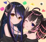  2girls absurdres ahoge bandeau belt belt_collar black_bandeau black_belt black_hair black_jacket blue_belt blue_eyes blue_hair blush breasts brown_eyes chest_belt cleavage collar commentary_request curled_horns demon_girl demon_horns earrings expressionless flower food grey_horns hair_between_eyes hair_flower hair_ornament hair_ribbon heart hebiyoi_tier highres horns jacket jewelry large_breasts long_bangs long_hair looking_at_viewer macaron medium_bangs multicolored_hair multiple_girls nanashi_inc. off_shoulder oinomori_may omelet omurice one_eye_closed one_side_up onigiri open_mouth pink_hair pink_ribbon pointy_ears ribbon sairenji_(o70at) sidelocks single_earring snake_bite two-tone_hair upper_body virtual_youtuber yellow_background 