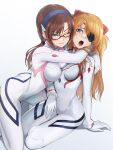  2girls :3 :o ass blue_eyes bodysuit breasts commentary_request evangelion:_3.0+1.0_thrice_upon_a_time eyepatch glasses hair_ornament hairband highres hug interface_headset ivuki large_breasts long_hair makinami_mari_illustrious medium_breasts multiple_girls neon_genesis_evangelion official_alternate_costume orange_hair pilot_suit plugsuit rebuild_of_evangelion red-framed_eyewear simple_background skin_tight smile souryuu_asuka_langley twintails white_bodysuit yuri 