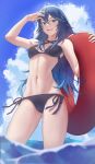  1girl absurdres alternate_costume arm_up ass_visible_through_thighs bikini blue_bikini blue_eyes blue_hair blue_sky blurry blurry_foreground blush breasts cloud cloudy_sky day eyelashes feet_out_of_frame fire_emblem fire_emblem_awakening gradient_hair hair_between_eyes halterneck hand_up highres holding innertube lucina_(fire_emblem) multicolored_hair navel open_mouth pomelomelon shadow side-tie_bikini_bottom sidelocks sky small_breasts solo swimsuit teeth thighs upper_teeth_only wading water 