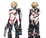  1girl absurdres ankle_cuffs apex_legends arms_behind_back barcode bdsm black_thighhighs blonde_hair blue_eyes bondage bound bound_arms breasts bright_pupils character_request commission elegia exoskeleton gag gun highres holding holding_gun holding_weapon large_breasts looking_at_viewer multiple_views navel nipples object_insertion restrained revolver second-party_source sex_machine short_hair simple_background solo thighhighs toeless_legwear tube vaginal vaginal_object_insertion weapon white_pupils 