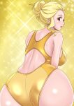 1girl ass back blonde_hair breasts eunos fuurin_asumi hair_bun healin&#039;_good_precure highres lips long_hair looking_at_viewer looking_back medium_breasts one-piece_swimsuit precure purple_eyes smile solo sparkle_background swimsuit yellow_background yellow_one-piece_swimsuit 