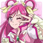  1girl butterfly_brooch butterfly_earrings commentary cure_dream earrings hair_rings highres jewelry long_hair magical_girl one_eye_closed pink_hair precure purple_eyes smile v_over_eye yes!_precure_5 yes!_precure_5_gogo! yui_u86 yumehara_nozomi 