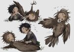  1boy 1girl arm_support artist_name black_hair brown_eyes brown_feathers brown_hair coat commentary earrings feathers full_body grass grey_background grey_coat hand_on_another&#039;s_face harpy human_head ishida_umi jewelry long_sleeves looking_at_another looking_at_viewer lying medium_hair messy_hair monster_girl multiple_views necklace on_back on_stomach one_eye_closed open_mouth original shirt short_hair simple_background sitting symbol-only_commentary translated white_shirt yellow_eyes 