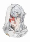  1boy ayaa_dj bishounen blue_eyes commentary elidibus final_fantasy final_fantasy_xiv half_mask highres long_hair looking_at_viewer male_focus mask multiple_persona portrait simple_background solo themis_(ff14) white_background white_hair 