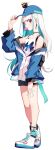  1girl baseball_cap black_choker blue_hair blue_jacket blue_socks blush breasts chewing_gum choker full_body hand_on_headwear hat highres hood hoodie jacket lize_helesta lize_helesta_(9th_costume) long_hair long_sleeves looking_at_viewer multicolored_hair nijisanji off_shoulder open_clothes open_jacket red_eyes sebastian_piyodore shirt shoes simple_background sleeveless sleeveless_shirt small_breasts sneakers socks solo standing standing_on_one_leg sukuna136 two_side_up virtual_youtuber white_background white_hair white_shirt 
