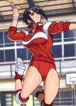  1girl akisu_k ayuhara_natsu black_hair jacket jumping justice_gakuen knee_pads red_jacket red_shorts shoes short_hair shorts sneakers solo volleyball wristband 
