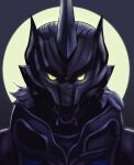  2021 anthro armor black_armor burmeoburmeo bust_portrait canid canine canis clothing dark_body dark_fur front_view full_moon fur glowing glowing_eyes hi_res horn humanoid male mammal mask moon portrait power_rangers power_rangers_wild_force solo wolf yellow_sclera zen-aku 