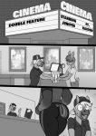  5_fingers anthro butt clothed clothing comic duo english_text equid equine fingers food freckles_(artist) herm_(lore) horse juniper_(freckles) lagomorph leporid male mammal open_mouth open_smile popcorn rabbit shirt smile tail text topwear 