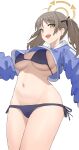  1girl absurdres bare_legs bikini black_bikini blue_archive blue_jacket blush breasts brown_eyes brown_hair cowboy_shot cropped_jacket fang halo happy05x highres hood hooded_jacket jacket large_breasts long_hair long_sleeves moe_(blue_archive) moe_(swimsuit)_(blue_archive) navel open_mouth side-tie_bikini_bottom simple_background skin_fang solo swimsuit twintails white_background yellow_halo 
