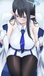  1girl black_hair black_pantyhose blue_archive blue_eyes blue_halo blue_necktie blush breasts cafenami closed_mouth gloves halo highres large_breasts long_hair necktie pantyhose pointy_ears rin_(blue_archive) solo white_gloves 