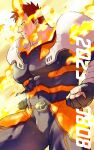  1boy 2023 armor arms_at_sides bara beard beard_stubble belt birthday blue_bodysuit bodysuit boku_no_hero_academia bulge clenched_hands covered_navel embers endeavor_(boku_no_hero_academia) facial_hair feet_out_of_frame fighting_stance fire frown highres large_pectorals looking_ahead male_focus mature_male muscular muscular_male pauldrons pectorals pyrokinesis sakanagi_(dc_saka) scar scar_across_eye short_hair shoulder_armor sideburns solo spiked_hair stubble thick_eyebrows thick_thighs thighs two-tone_bowtie 