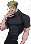  1boy absurdres achilles_(fate) black_pants black_shirt cowboy_shot fate/apocrypha fate_(series) fingernails green_hair haruakira highres large_pectorals male_focus mature_male muscular muscular_male one_eye_closed open_mouth pants pectorals ribbed_shirt shirt short_hair short_sleeves single_tear solo teeth turtleneck undercut white_background yawning 