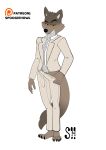 anthro black_eyebrows black_nose brown_body brown_fur bulge canid canine canis clothing dreamworks eyebrows fur genital_outline grey_body grey_fur grin hi_res invalid_color looking_at_viewer male mammal mr._wolf_(the_bad_guys) patreon patreon_logo penis_outline pinup pose simple_background slim smile smirk solo spoogiehowl standing suit tail tall teeth the_bad_guys undressing wolf yellow_eyes 
