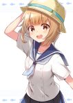  1girl :d arm_up black_skirt blue_neckerchief blue_sailor_collar blush brown_eyes bucket_hat fish_background hat highres houkago_teibou_nisshi light_brown_hair looking_at_viewer neckerchief sailor_collar school_uniform serafuku short_hair simple_background skirt smile solo tsurugi_hina upper_body urushi_(2634334) white_background white_serafuku 