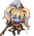  1girl armor armored_boots blush boots brown_gloves fang gloves gold_armor hammer holding holding_hammer holding_weapon league_of_legends long_hair looking_down open_mouth phantom_ix_row pointy_ears poppy_(league_of_legends) purple_eyes sad simple_background sitting solo twintails weapon white_background yordle 