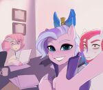  aztrial bags_under_eyes crown divorce equid equine eyewear facial_hair fan_character glasses hasbro headgear hi_res husband_and_wife inappropriate looking_at_viewer mammal married_couple mlp_g5 my_little_pony office paper pegasus queen_haven_(mlp) selfie smile wings 