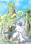  absol blue_sky bright_pupils claws day grass highres izumi_asuka jirachi multiple_others no_humans open_mouth pokemon pokemon_(creature) red_eyes sky smile white_fur white_pupils 