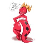  anthro big_butt butt dialogue female greatalmightyjj hi_res horn kobold looking_at_viewer looking_back looking_back_at_viewer rear_view red_body red_scales scales scalie sharp_teeth short_stack simple_background smile solo teeth text white_background wide_hips 