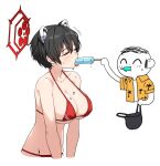  1boy 1girl animal_ears arona&#039;s_sensei_doodle_(blue_archive) artpatient bare_arms bare_shoulders black_hair blue_archive blush breasts cleavage collarbone food hair_between_eyes halo large_breasts open_mouth popsicle red_halo sensei_(blue_archive) sexually_suggestive short_hair simple_background tongue tongue_out tsubaki_(blue_archive) white_background 