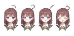  1girl ahoge blush bow bowtie brown_coat brown_hair closed_mouth coat collared_shirt expressive_hair green_bow green_bowtie hair_ornament hairclip heart heart_ahoge highres hod_(project_moon) library_of_ruina love_mintchoco medium_hair multiple_views open_mouth project_moon shirt simple_background smile white_background white_shirt 