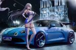  1girl absurdres alpine_(carmaker) alpine_a110 alternate_costume ass azur_lane bare_shoulders blue_choker boots breasts car cathedral character_name checkered_flag choker cleavage collarbone commentary commission copyright_name country_connection covered_navel crescent_moon dress elbow_gloves english_commentary flag france full_body gloves grey_hair hair_between_eyes hand_on_own_hip high_heel_boots high_heels highres holding holding_pole kcar66t large_breasts license_plate long_hair looking_at_viewer mole mole_under_eye moon motor_vehicle night no_mole notre_dame_de_paris outdoors paris pixiv_commission pole product_placement race_queen real_world_location red_eyes revision saint-louis_(azur_lane) shadow sidelocks skindentation sky solo spoiler_(automobile) sports_car standing star_(sky) starry_sky strapless strapless_dress thick_thighs thigh_boots thighs tight_clothes white_dress white_footwear white_gloves yostar 