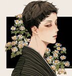  1boy absurdres adam&#039;s_apple black_background brown_eyes brown_hair brown_kimono closed_mouth commentary daisy flower from_side half-closed_eyes highres japanese_clothes kagoya1219 kimono looking_at_viewer looking_to_the_side male_focus original outside_border plant portrait short_hair sideways_glance signature solo striped striped_kimono very_short_hair white_flower 