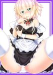  1girl after_sex after_vaginal alternate_costume apron black_dress blonde_hair blush breasts commentary_request cum cum_in_pussy cum_on_body cum_on_breasts cum_on_clothes dress ebi_193 enmaided facial grabbing green_eyes looking_at_viewer maid mizuhashi_parsee open_mouth panties pointy_ears pussy_juice solo spread_legs thighhighs touhou underwear waist_apron white_thighhighs 