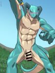  2022 anthro balls blush censored censored_genitalia censored_penis claws dragon embarrassed flaccid frostshin genitals grass_field grove_(game) grove_(regalbuster) hi_res horn looking_at_viewer male melee_weapon muscular navel nipples open_mouth outside penis solo spread_legs spreading sword tail weapon 