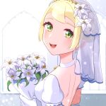  1girl :d blonde_hair blunt_bangs blush bouquet bride choker commentary_request dress earrings eyelashes flower gloves green_eyes highres holding holding_bouquet jewelry lillie_(pokemon) nemunemu_0826 open_mouth pokemon pokemon_(game) pokemon_sm short_hair short_sleeves smile solo teeth tongue upper_body white_choker white_dress white_flower white_gloves 