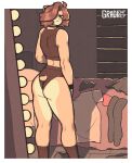  anthro bedroom biped brown_hair butt choker clothed clothing detailed_background felid gradientkey hair jewelry leo_(gradientkey) lion looking_back male mammal necklace pantherine rear_view solo 