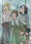  3girls absurdres aquarium ayu_(sweetfish_man) black_hair blonde_hair blue_eyes brown_hair commission glasses green_eyes height_difference highres jewelry long_hair mother_and_daughter multiple_girls original ring skeb_commission wedding_ring wife_and_wife yuri 