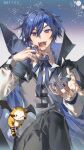  1boy bat_wings blood blood_from_mouth blood_on_hands blue_eyes blue_hair blue_nails commentary crossed_legs dated double-parted_bangs fangs fingernails grey_pants hand_up high_collar highres jewelry kaito_(vocaloid) kazemi_arashi long_sleeves looking_at_viewer male_focus open_mouth pants raccoon ring short_hair sitting solo teeth vocaloid wings 