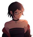  1girl bare_shoulders black_choker black_eyes black_hair black_jacket boruto:_two_blue_vortex breasts cewyn choker collarbone commentary earrings frown glasses highres jacket jewelry light naruto_(series) off_shoulder short_hair signature small_breasts solo strapless tube_top uchiha_sarada 