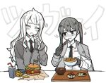  2girls blush burger chopsticks collared_shirt cup disposable_cup eating food french_fries gloves greyscale index_finger_raised isadora_(library_of_ruina) jacket jacket_on_shoulders julia_(library_of_ruina) katsudon_(food) library_of_ruina long_hair miso_soup monochrome multiple_girls necktie open_mouth project_moon shaking_head shirt twintails upper_body very_long_hair yono_neie 