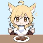  1girl ahoge animal_ear_fluff animal_ears arknights blonde_hair blue_background brown_eyes brown_shirt closed_mouth food fork hair_between_eyes highres holding holding_fork holding_knife horse_ears knife long_sleeves plate shirt simple_background smile solo steak supershrimpcakes upper_body 