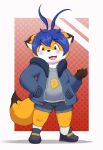  2023 anthro biped black_nose blue_hair blush canid canine clothing fox hair hi_res kemono kusosensei mammal shirt shrots solo topwear young 