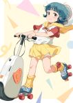  1girl black_choker blue_footwear blue_hair blush brown_eyes choker closed_mouth commentary_request gomennasai helmet highres holding hood hood_down hoodie looking_at_viewer mahou_no_tenshi_creamy_mami morisawa_yuu neck_ribbon pleated_skirt red_ribbon ribbon roller_skates short_sleeves skates skirt smile socks solo standing standing_on_one_leg white_headwear white_hoodie yellow_skirt yellow_socks 