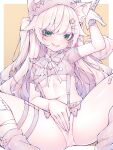  1girl animal_ear_fluff animal_ears breasts brown_background commentary_request copyright_request highres kupa_(jesterwii) long_hair looking_at_viewer medium_breasts monochrome sitting solo spread_legs standing two-tone_background virtual_youtuber white_background 