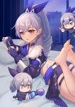  3girls absurdres bandaid barefoot bed_sheet breasts bronya_rand bronya_zaychik cellphone chibi cropped_jacket crossed_bangs drill_hair feet feet_up from_side grey_eyes grey_hair hair_between_eyes hands_up high_ponytail highres holding honkai:_star_rail honkai_(series) indoors legs long_sleeves looking_at_viewer looking_to_the_side lying micro_shorts multiple_girls on_stomach phone pillow ponytail shorts sidelocks silver_wolf_(honkai:_star_rail) smartphone the_pose thighs toenails toes v window wujingwushi 