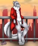  2023 4_toes absurd_res anthro balcony berk_rider city clothed clothing dragon feet fur genitals hair hi_res male neck_tuft nude penis robe robe_only sky smile solo sunset tail thick_thighs toes tuft 
