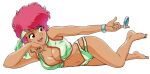  1girl barefoot bracelet breasts cleavage crop_top dirty_pair full_body headband jewelry kei_(dirty_pair) large_breasts navel non-web_source official_art open_mouth photoshop_(medium) red_hair short_hair short_shorts shorts simple_background solo white_background 