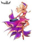  1girl anklet barefoot blonde_hair breasts choker copyright_name dancer dancing dark-skinned_female dark_skin full_body green_eyes hand_fan highres jewelry long_hair looking_at_viewer medium_breasts midriff mt_(ringofive) pointy_ears seven_knights tassel twisted_torso 