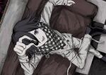  1boy absurdres black_footwear black_hair blood blood_stain checkered_clothes checkered_scarf couch danganronpa_(series) danganronpa_v3:_killing_harmony hair_between_eyes highres holding_chess_piece male_focus open_mouth ouma_kokichi purple_eyes purple_hair ringed_eyes scarf short_hair sitting smile solo straitjacket teeth tiles upper_teeth_only wa_noko wavy_hair 