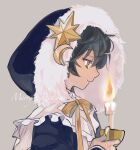  1boy black_hair blue_jacket candle candlelight candlestand crescent facing_to_the_side grey_background highres hoe_satsuki hood hood_up jacket long_sleeves looking_down mahoutsukai_no_yakusoku male_focus merry_christmas short_hair snow_(mahoutsukai_no_yakusoku) solo star_(symbol) yellow_eyes 