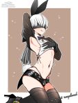  1boy 9s_(nier:automata) alternate_hairstyle animal_ears arm_up armpits artist_name black_blindfold black_bow black_bowtie black_footwear black_gloves black_panties black_thighhighs blindfold border bow bowtie brown_background bulge closed_mouth collared_shirt crop_top crossdressing fake_animal_ears fake_tail fine_fabric_emphasis full_body gloves high_heels highleg highleg_panties highres kneeling latex_shorts licking_lips long_hair long_sleeves looking_to_the_side male_focus nagano_rira navel nier:automata nier_(series) otoko_no_ko panties rabbit_tail see-through shadow shirt short_shorts shorts shrug_(clothing) side-tie_shirt sleeveless sleeveless_shirt solo stomach tail thighhighs thighs tongue tongue_out twitter_username underwear white_border 