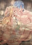  1boy 1girl absurdres ass barefoot bathing blonde_hair blue_hair blurry blurry_background blush borrowed_character breasts closed_mouth collarbone commentary_request commission completely_nude couple curled_horns curvy demon_girl demon_horns eyelashes feet from_side hand_on_another&#039;s_chest hand_on_another&#039;s_head hand_up happy hetero highres horns knee_up large_breasts long_hair looking_at_another muscular muscular_male nail_polish neck_tattoo nude orange_hair original parted_lips partially_submerged pectorals red_nails sabi_(sabilder) short_hair sideboob sitting skeb_commission smile soles tareme tattoo wariza wet yellow_eyes 