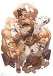  animal_ears artist_name blush breasts brown_eyes check_copyright cleavage copyright_request dog_ears highres holding_carton large_breasts light_brown_hair looking_at_viewer milk_carton mouth_hold one_eye_closed original pants ryota_(ry_o_ta) sandals short_hair signature simple_background spoon white_background white_pants wooden_spoon 