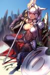 1girl absurdres animal_ears armor armored_boots bikini black_bikini black_thighhighs blue_eyes body_markings boots breasts caenis_(fate) cape cleavage collarbone commentary_request dark-skinned_female dark_skin fate/grand_order fate_(series) faulds full_body gauntlets hair_between_eyes headgear highleg highleg_bikini highres large_breasts long_hair looking_at_viewer mismatched_bikini navel one_eye_closed open_mouth polearm ponytail red_cape shield shoulder_plates sidelocks single_bare_shoulder sitting solo stomach sweat swimsuit thighhighs torn_clothes torn_thighhighs waist_cape weapon white_bikini white_hair xuanzi 