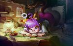  1girl absurdres animal_ear_fluff animal_ears belt book bookshelf candle compass eyelashes fox_(trickster) fox_ears fox_girl fox_tail highres magnifying_glass map needle pencil pencil_behind_ear ponytail purple_eyes purple_hair purple_skirt red-framed_eyewear semi-rimless_eyewear shadow shirt shoes shoes_removed skirt solo spoken_squiggle squiggle tail thumbtack trickster white_shirt zzizzi 