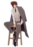  1other androgynous black_necktie brown_hair coat coat_on_shoulders eyepatch full_body glasses grey_pants grey_vest hange_zoe hanpetos necktie opaque_glasses other_focus pants shingeki_no_kyojin sitting smile solo stool vest 